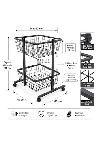 60x60 Cm Çift Katlı Tekerlekli Tel Havuz Sepet Market Mağaza Promosyon Ve Aksiyon Sepeti Antrasit