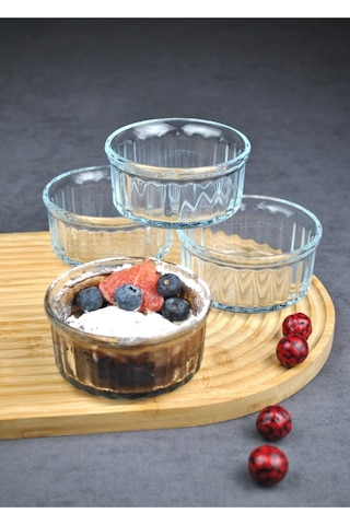 4 Adet Cam Sufle Kabı Borline Kek Tatlı Sufle Kahvaltılık Kase 10x5 Cm Borline Şeffaf