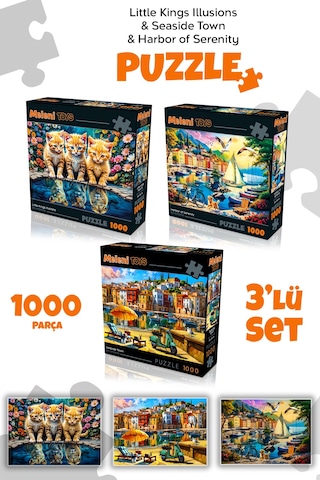 3 Adet 1000 Parça Puzzle - Aslan Kral Kedi, Sahil Kasabası Ve Limanda Sakinlik Yapboz 68x48 Cm