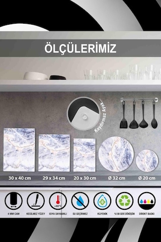 Ezgi Mermer Görünümlü Cam Kesme Tahtası 3