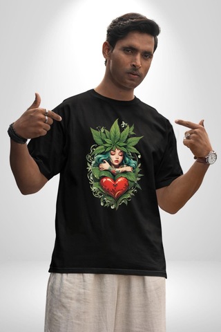Kalp Parmak Kız Yeşillik Mutluluk Pamuklu Bisiklet Yaka Unisex Oversize Boyfriend Dijital Baskılı Siyah T-shirt Siyah