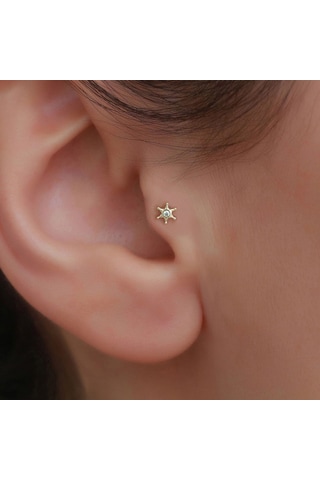 14 Ayar Altın Ortası Taşlı Yıldız Tragus Piercing Sarı