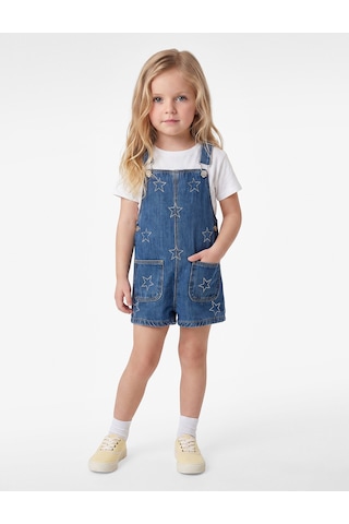 Koton Cepli Yıldız İşlemeli Pamuklu Kare Yaka Askılı Denim Salopet Tulum Orta İndigo 7wmg80003ad