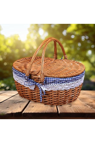 Homyl Piknik Sepeti Kırsal Pratik Hasır Depolama Park Açık Mavi Kareli Çok Renkli