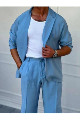Modefendi Marino Tam Yazlık Extra Oversize %100 Keten Takım Bebe Mavi