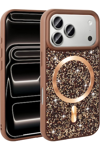 Apple Uyumlu iPhone 17 Pro Kılıf Pırlanta Tasarımlı M-safe Şarj Özellikli Mozaik Silikon Kılıf Desert Titanyum
