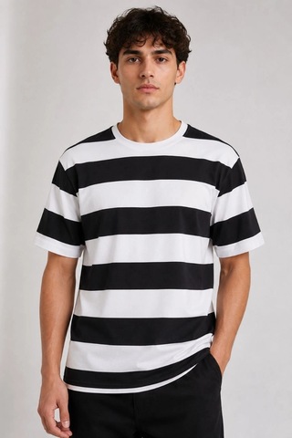 Erkek Çizgili Oversize Tişört Bisiklet Yaka Kısa Kol Yazlık T-shirt - Siyah Çok Renkli