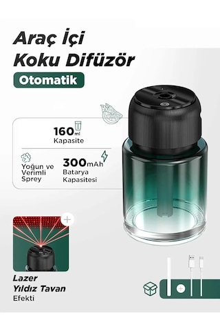 Şarjlı Araç İçi Parfüm Difüzörü Kokulu Hava Nemlendirici 160 Ml Humudifier Yıldız Tavan Lazer Yeşil