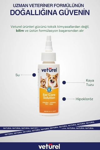Veturel Köpek Kulak Temizleme Solüsyon Kir Enfeksiyon Kaşıntı Koku Kulak Uyuzu 100 ML + Disk Pamuk 50'li