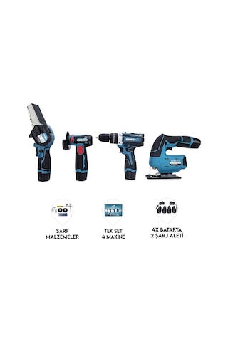 Dawreek Bt0203 Akülü 4lü Mini Set - Mini Testere+ Avuç Taşlama+ Akülü Vidalama + Dekupaj