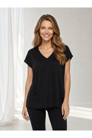 Nealirsanall.com Kadın V Yaka Düşük Omuz Salaş / Oversize Penye Tunik T-shirt Taş