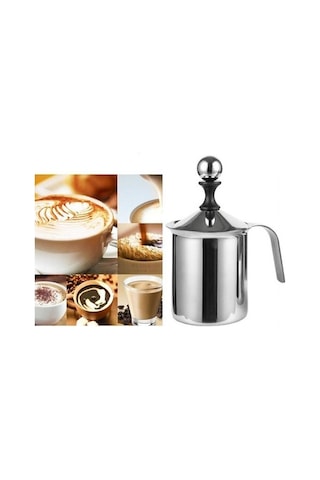 Soulader Çift Katlı Ağ Yapılı Paslanmaz Çelik Manuel Süt Köpürtücü Kremalı Köpük Yapma Aleti 400 Ml Cappuccino Ve Latte Makinesi Gümüş