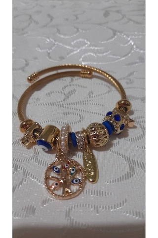 Uzel Çelik Sarı Gold Model Love Yazılı, Incili, Hayat Ağacı Charmlı Çelik Bileklik