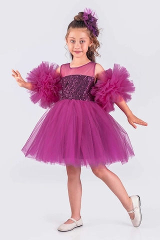 Kız Çocuk Abiye Elbise Ponpon Kol Pul Payetli Tütülü Fuşya