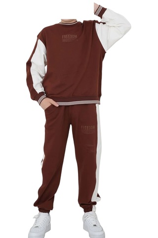 Erkek Çocuk Freedom Yazılı Beyaz Şerit Detaylı Kahverengi Renk Oversize Kalıp Eşofman Takımı Kahverengi