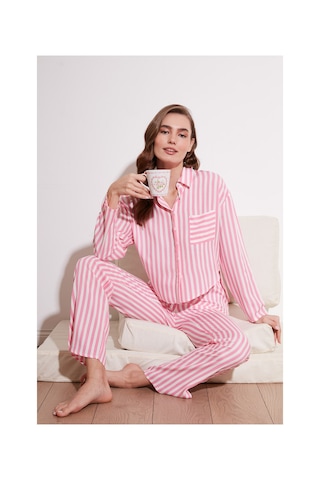 Lela Desenli Rahat Kesim Bol Paça Yazlık Bayan Pijama Takımı 6110014 Pembe