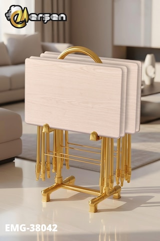 Eranş Serisi 4'lü Katlanır Mdf Mebran Ahşap Çanta Zigon Sehpa Gold Ayak Açık Ahşap Desen Gold Ayak