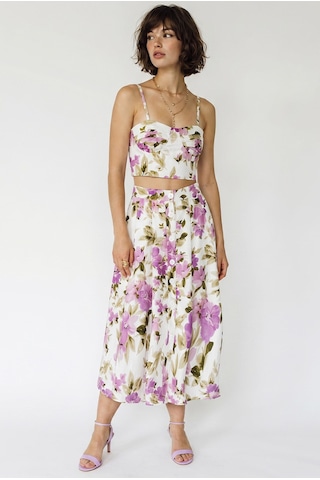 Kadın Çiçek Desenli Crop Bluz Ve Düğme Detaylı Midi Etek Takım 7697 60286365 - Ekru-mor