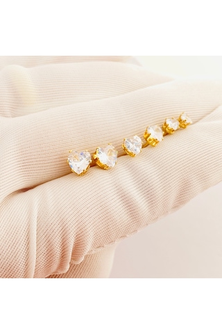 Tektaş Küpe Kalp Model Tektaş Üçlü Set Küpe Kararmaz Çelik Gold