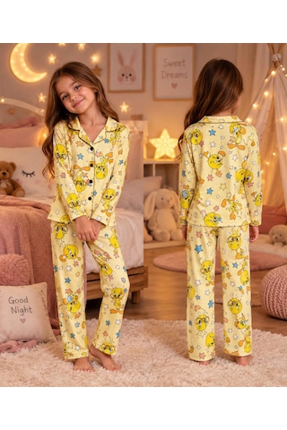 Mihra Kız Çocuk Sarı Tweety Desenli Önden Düğmeli Pijama Takımı