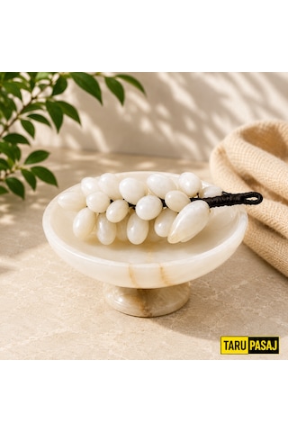 Feng Shui Bereket Üzümü Ve Van Taşı Ayaklı Çanak Seti 30 Taneli Doğal Taş Üzüm Salkımı Dekor 5 İnç El Yapımı Çanak Beyaz