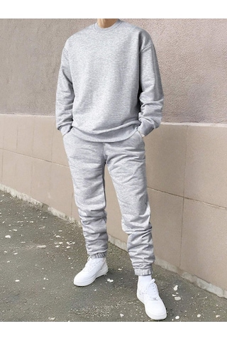 Erkek Düz Eşofman Takımı Sweatshirt Jogger - Gri Oversize Şardonlu Bisiklet Yaka Gri