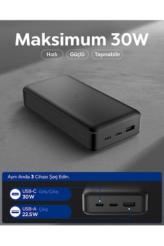 Spigen Essential 30000 Mah 30w Usb-c + Usb-a Giriş / Çıkış Hızlı Şarj 3 Portlu Powerbank Siyah Aba09435 Siyah