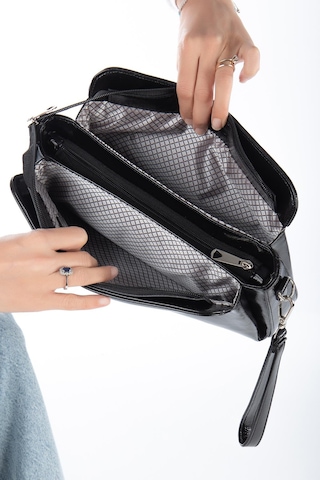 Kadın Portföy Cüzdan Çanta Siyah Rugan 3 Bölmeli Uzun Kısa Askılı-3225 Siyah