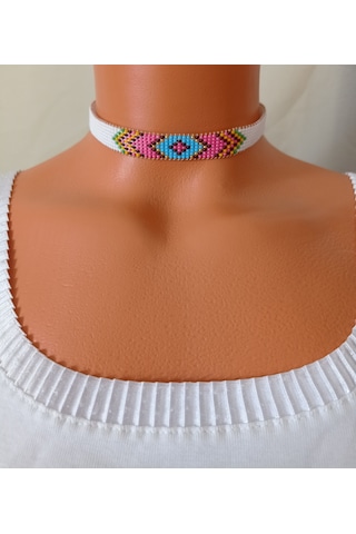Kum Boncuk Dokuma Choker Kolye Gümüş