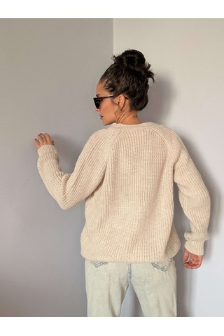Ali Butik Krem Gül Motif Detaylı Triko Hırka Krem