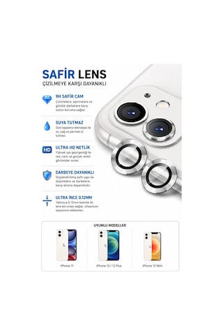 Apple iPhone Uyumlu 11 / 12 / 12 Mini Açık Gri Metal Kamera Lens Koruyucu Safir Cam Ultra Net Hd