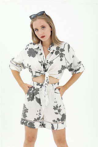 Önden Bağlamalı Dantelli Keten Takım - Siyah-siyah Siyah