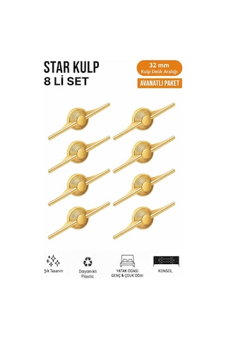 Lüks Star Kulp Altın 32mm 8 Adet Mobilya,yatak Odası, Tv Ünitesi,çocuk Ve Genç Odası, Dolap Kulpu Altın