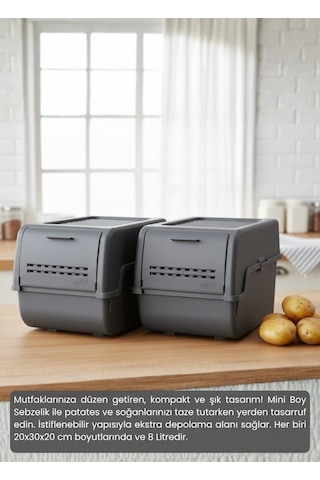 2'li Mini Boy Patates Soğan Sepeti Bpa Free Sebzelik Organizer Kutu Motek Antrasit 8 L Antrasit