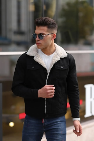 E-fendi Erkek Kürklü Denim Kot Mont Kışlık Sıcak Ve Şık Dış Giyim Siyah - Bej