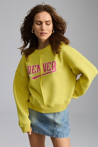 Grımelange Daleska Kadın Organik Pamuklu Yumuşacık Önü Kesikli Baskılı Yuvarlak Yaka Yeşil Sweatshirt Yeşil