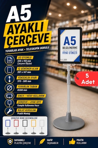5 Adet - A5 Ayaklı Menü Ve Fiyat Bilgi Standı Yuvarlak Tabanlı Teleskopik Çerçeve Etiketlik Siyah