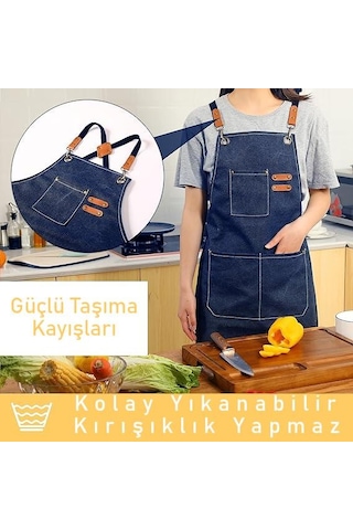 Valkyrie Unisex Kanvas Mutfak Önlüğü Ayarlanabilir Askılı Cepli Barista Garson Servis Önlüğü Lacivert