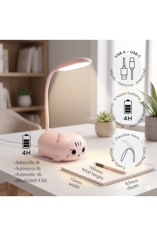 My Kitty Şarj Edilebilir Esnek Boyunlu Led Masa Lambası - Göz Dostu Gece Lambası Pembe