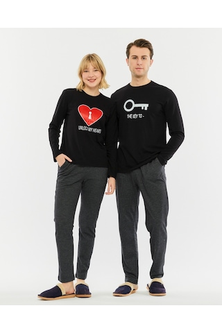 Bella Dossi Çiftlere Özel Kombin Kalbimin Anahtarı Pijama Takımı Siyah