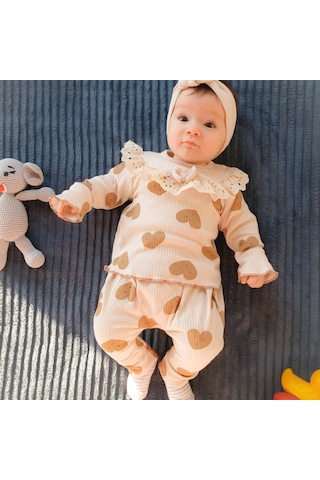 Candar Kalp Baskılı Fisto Yaka 3 Parça Kız Bebek Takımı %100 Pamuk Krem