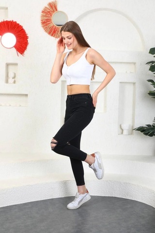 Füme Diz Yırtık Yüksek Bel Pantolon Skinny Jeans Füme
