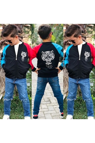 Modavals Kaplan Baskılı İçi File Su Geçirmez Erkek Çocuk Yağmurluk - Siyah