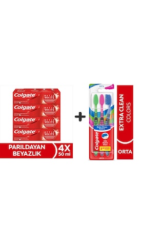 Colgate Optic White Parıldayan Beyazlık 50 Ml X4 Adet + Extra Clean Colors Diş Fırçası 3lü Beyazlık
