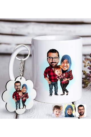 Kişiye Özel Tesettürlü Aile Karikatürlü Beyaz Kupa Ve Anahtarlık N11.834