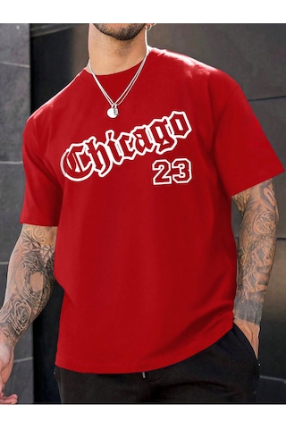 Chicago 23 T-shirt - Kırmızı Baskılı Oversize Bisiklet Yaka Kısa Kol Tişört Kırmızı