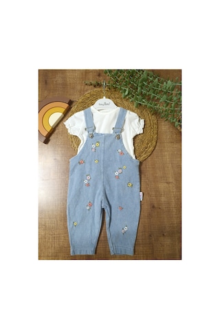 Baby Buu Çiçek Nakışlı Denim Kotlu Kız Bebek Salopet Takımı Bahçıvan Bayramlık 6-9 Ay,9-12ay,12-18ay,18-24ay Mavi Mavi