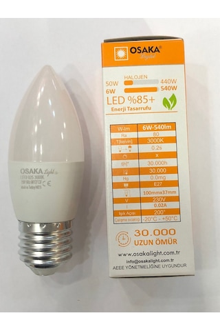 Osaka 6w 50w 540 Lümen E27 Led Buji 3000 Kelvin Günışığı