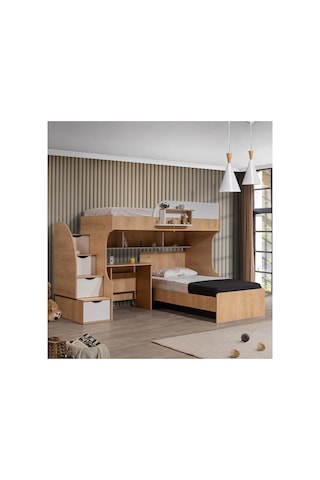 Ranza, Aura Ranza Karyola Masa 3 Kapaklı Dolap + 2 Comfort Yatak Ceviz - Beyaz 90 X 190 CM