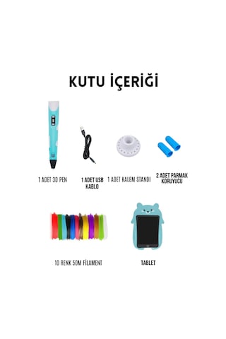 Mavi 3D Kalem 3D Pen Yazıcı Kalem | 50 Metre PLA Filament + Grafik Tablet + USB Kablo